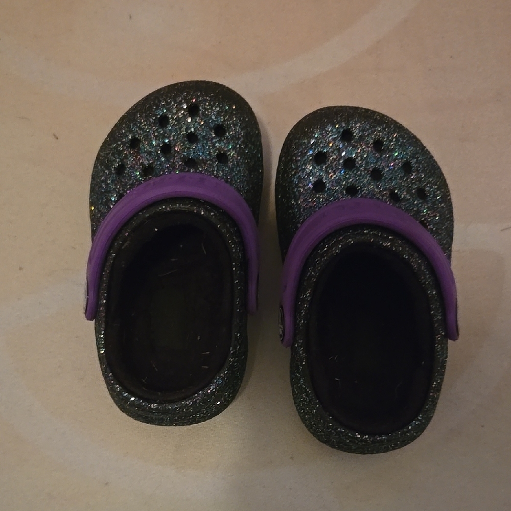 Kids Glitter Fur Lined Crocs with Purple Strap